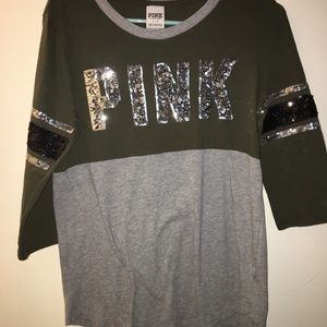 PINK olive green sequin shirt